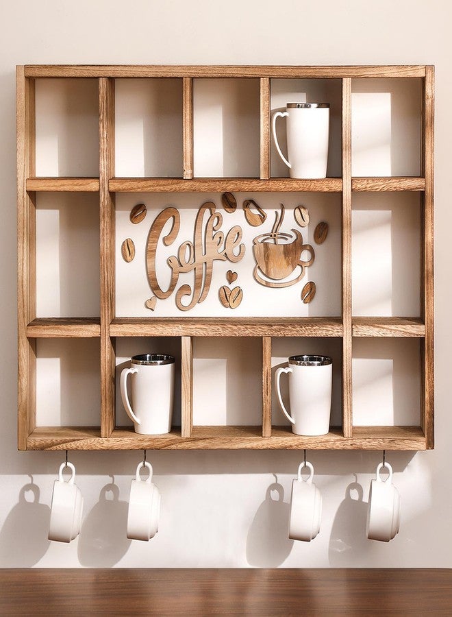 Cinnvoice Oversize Coffee Mug Display Shelf for Wall Wood Coffee Mug Rack Wall Mounted Shelf Cubes Cup Hooks Hanger with Bar Sign Decor for Kitchen Station Bar Accessories(Brown) - Image 1